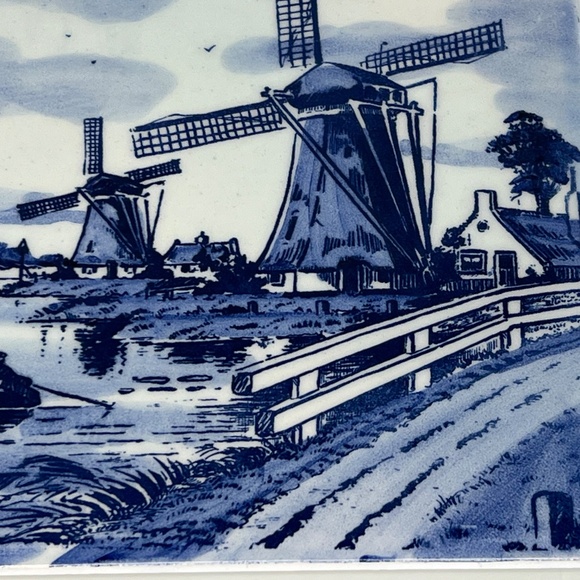 Delft Blue Vintage Dutch Hand Painted Windmill Water 6” Tile Trivet Delftware - Picture 3 of 9